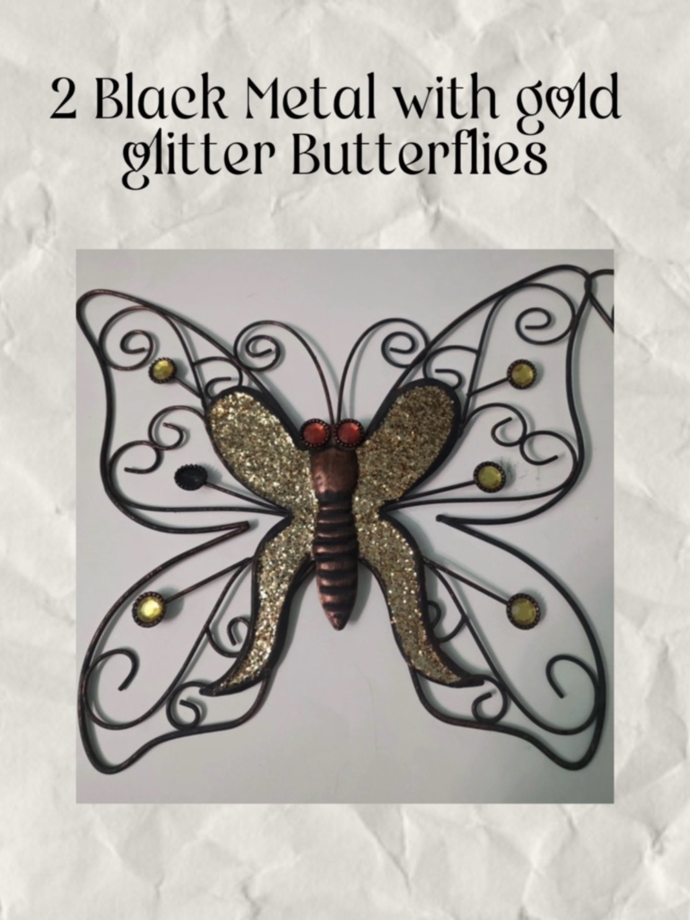 2 black metal butterflies 🦋 with gold, glitter, red accent inside or out 🦋